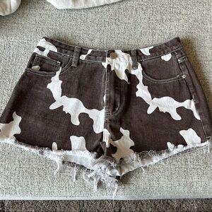 Brown Cow Print Denim High Waisted Shorts